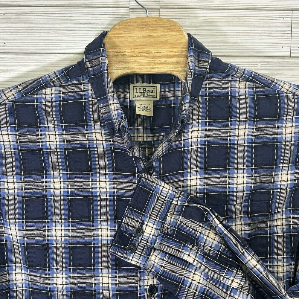 L.L Bean Men's Flannel Shirt Plaid Blue & Navel Traditional Fit Cotton Sz XL